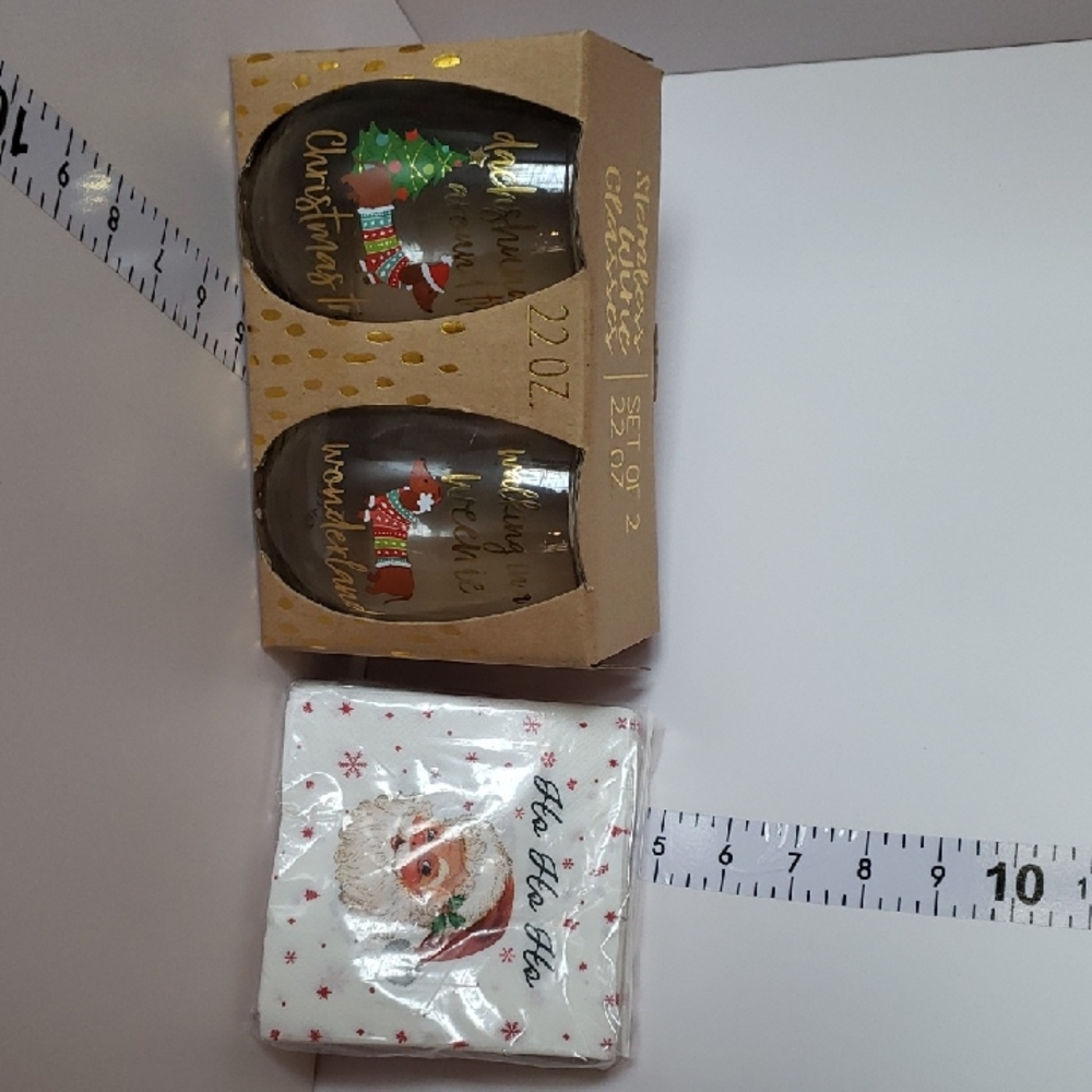 Stemless Dachshund wine glasses with adorable Santa cocktail napkins